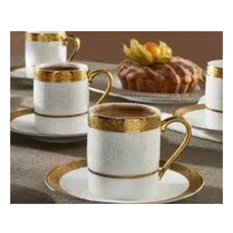Karaca Royal Bone Victoria 6-Person Fine Bone China Turkish Coffee Cup Set - Gold Band (12-Piece)