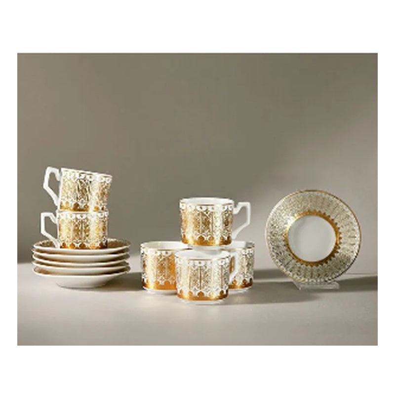 Karaca Asli 6-Person Porcelain Turkish Coffee Cup Set - Gold Pattern, 100ml (12-Piece)