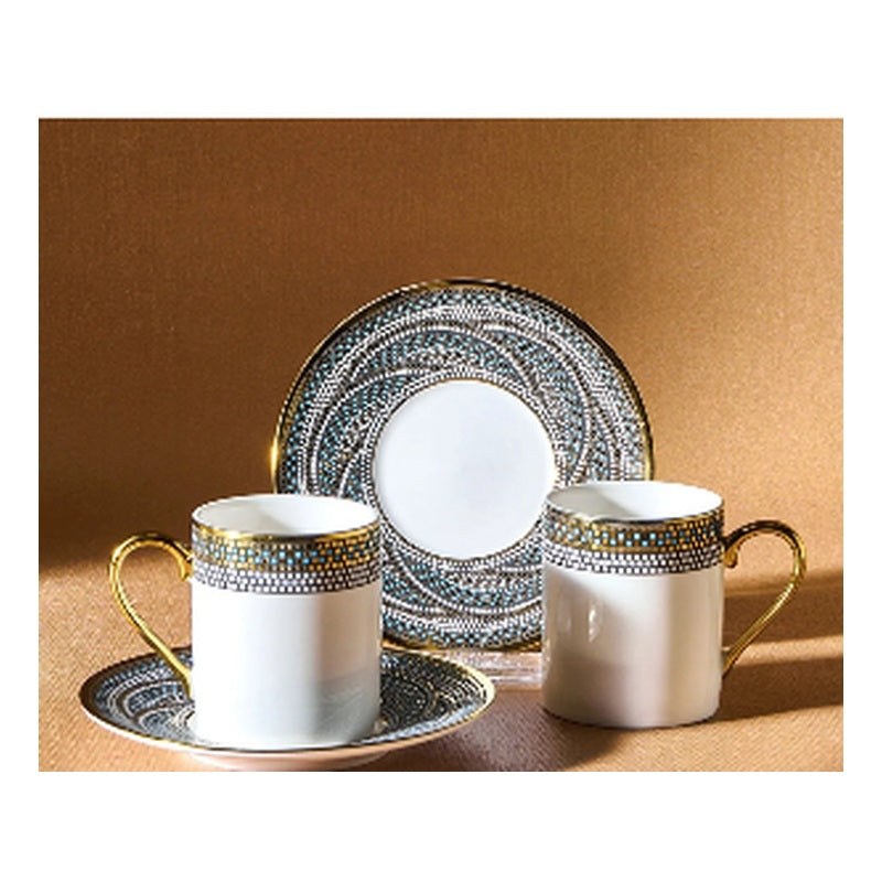 Karaca Umut 2-Person Porcelain Turkish Coffee Cup Set - Anatolian Gold & Teal Band (4-Piece)