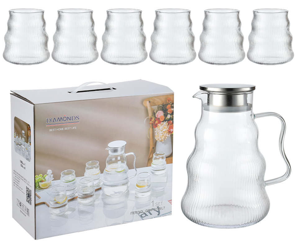 Aura Crystal 7-Piece Carafe & Beverage Set (1.65L Pitcher + 6 Glasses)