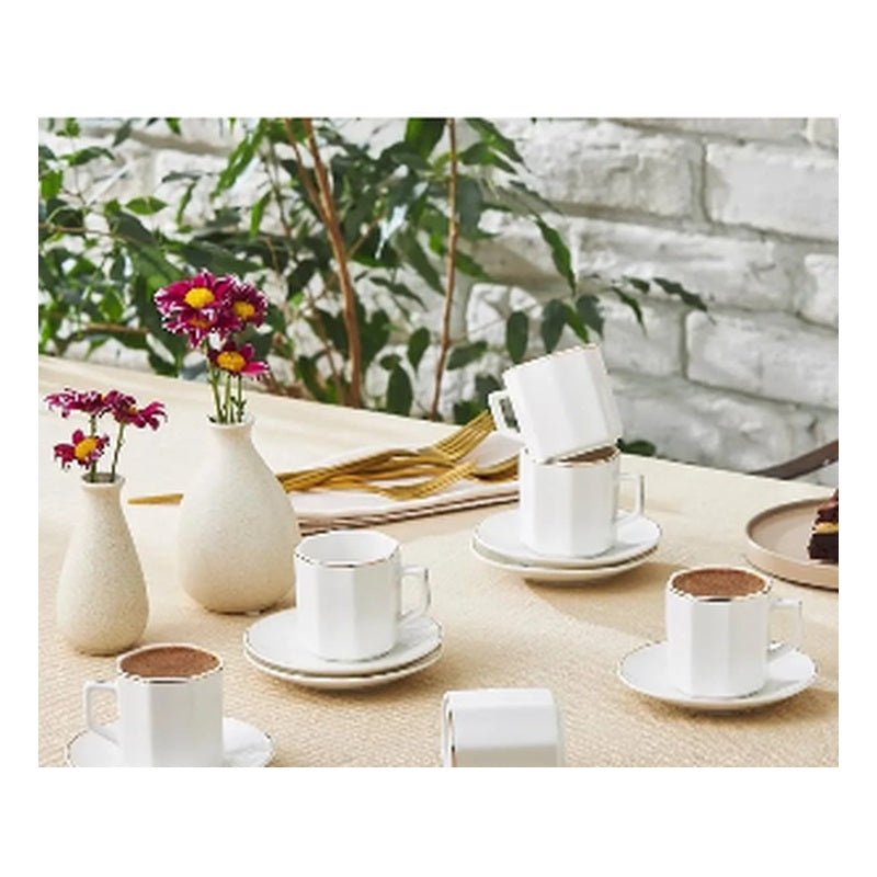 Karaca Vezir 6-Person Porcelain Turkish Coffee Cup Set - Classic White & Gold, 80ml (12-Piece)