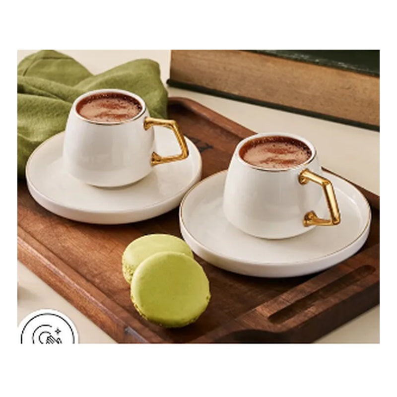 Karaca Streamline Saturn 2-Person Porcelain Turkish Coffee Cup Set - Gold Trim (4-Piece)