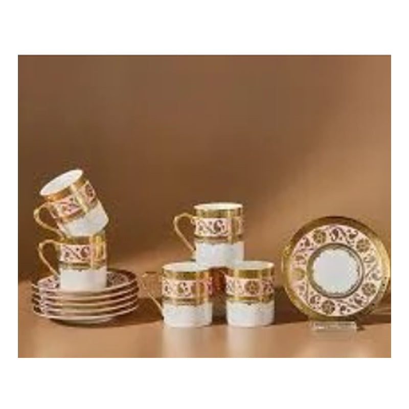 Karaca Gulfem 6-Person Porcelain Turkish Coffee Cup Set - Classic Gold & Filigree (12-Piece)