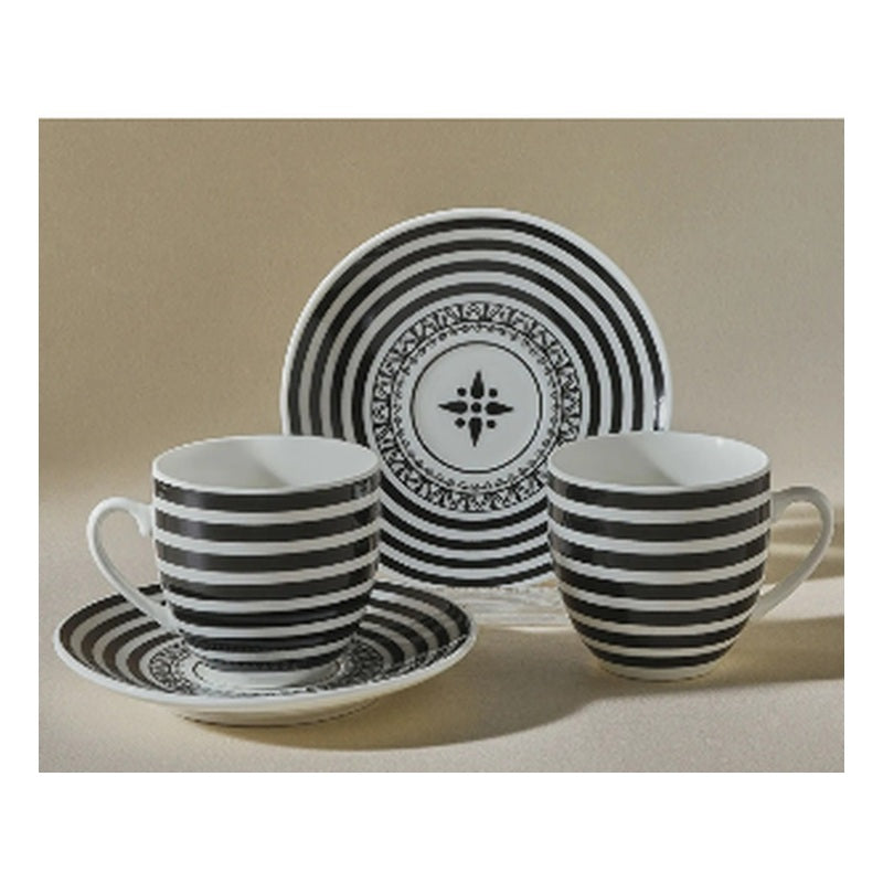 Karaca Yaren 2-Person Porcelain Turkish Coffee Cup Set - Black & White Geometric (4-Piece)