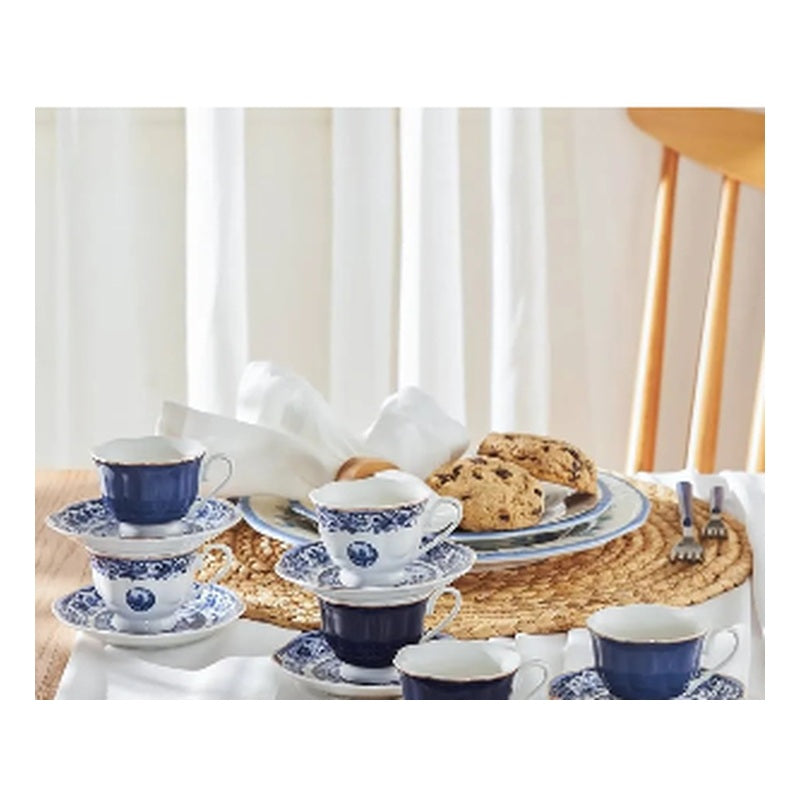Karaca Blue Odyssey 6-Person Porcelain Turkish Coffee Cup Set - Classic Blue & White, 80ml (12-Piece)