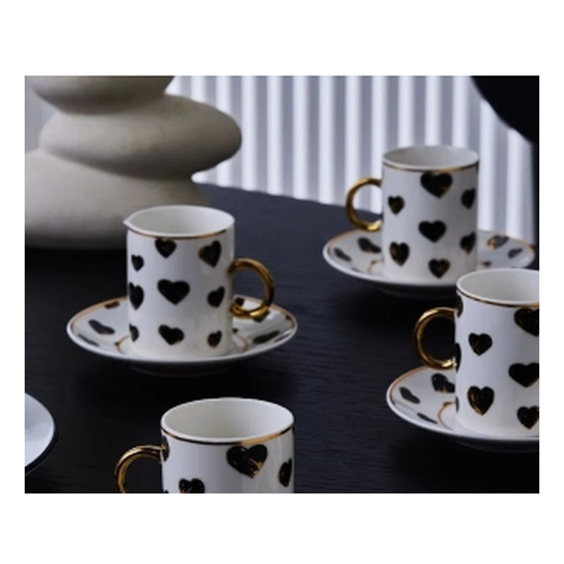 Karaca Perry Heart 6-Person Porcelain Turkish Coffee Cup Set - Black Hearts & Gold, 90ml (12-Piece)