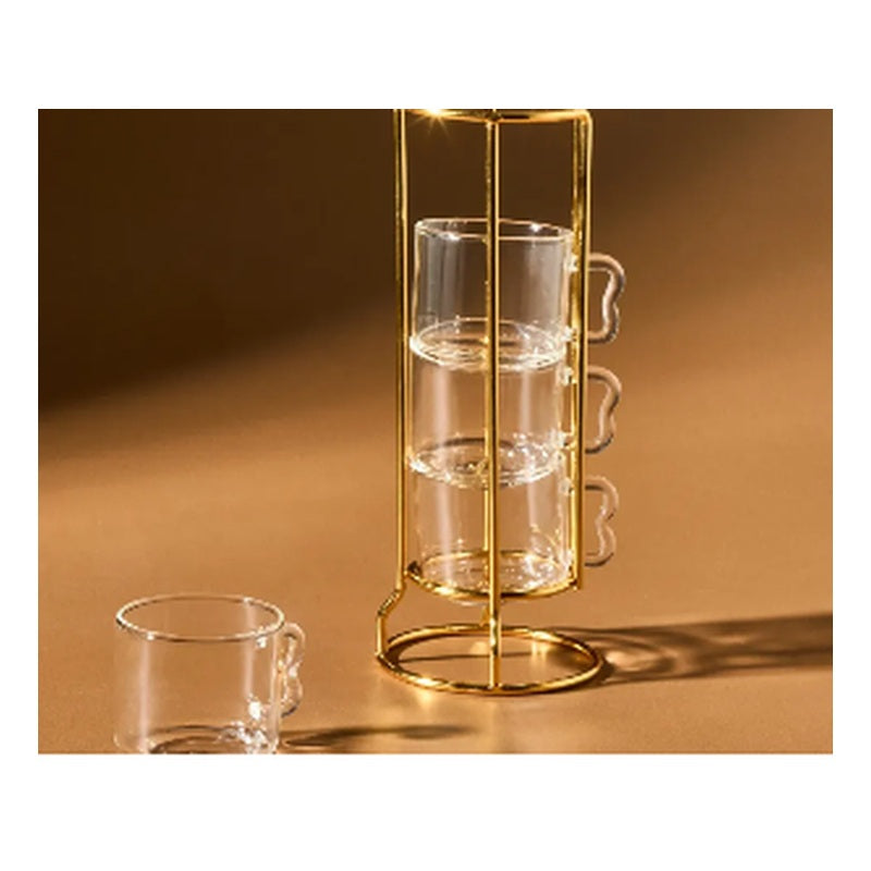 Karaca Kendal 4-Person Turkish Coffee Cup Set with Gold Stand - Clear Glass (9-Piece)
