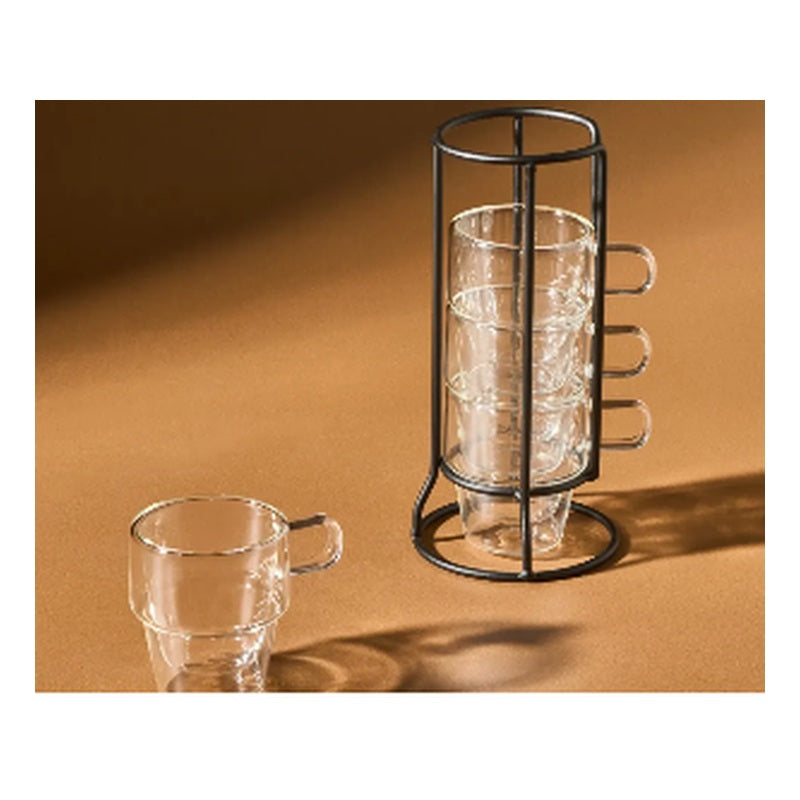 Karaca Pia Ece 4-Person Turkish Coffee Cup Set with Metal Stand - Clear Glass (9-Piece)